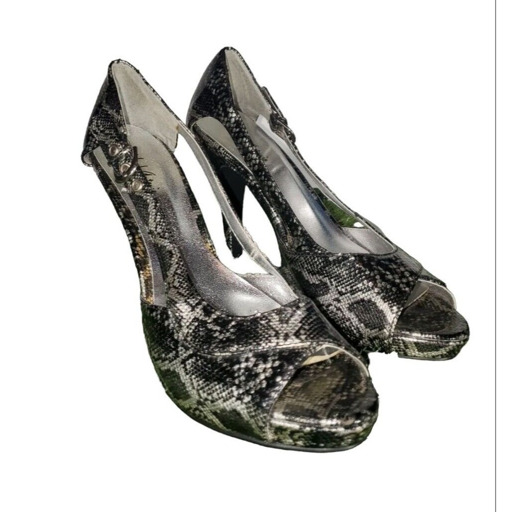 Michael Antonio, Gray Faux Patent Snake Print, Peep Toe Pumps - Size 9 Heels